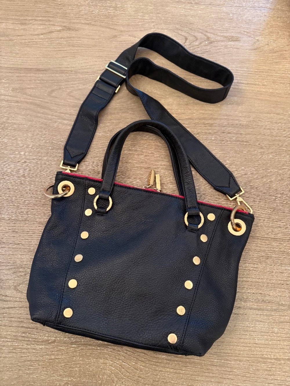 Hammitt Daniel Medium Black Leather Shoulder Bag with Gold Studs